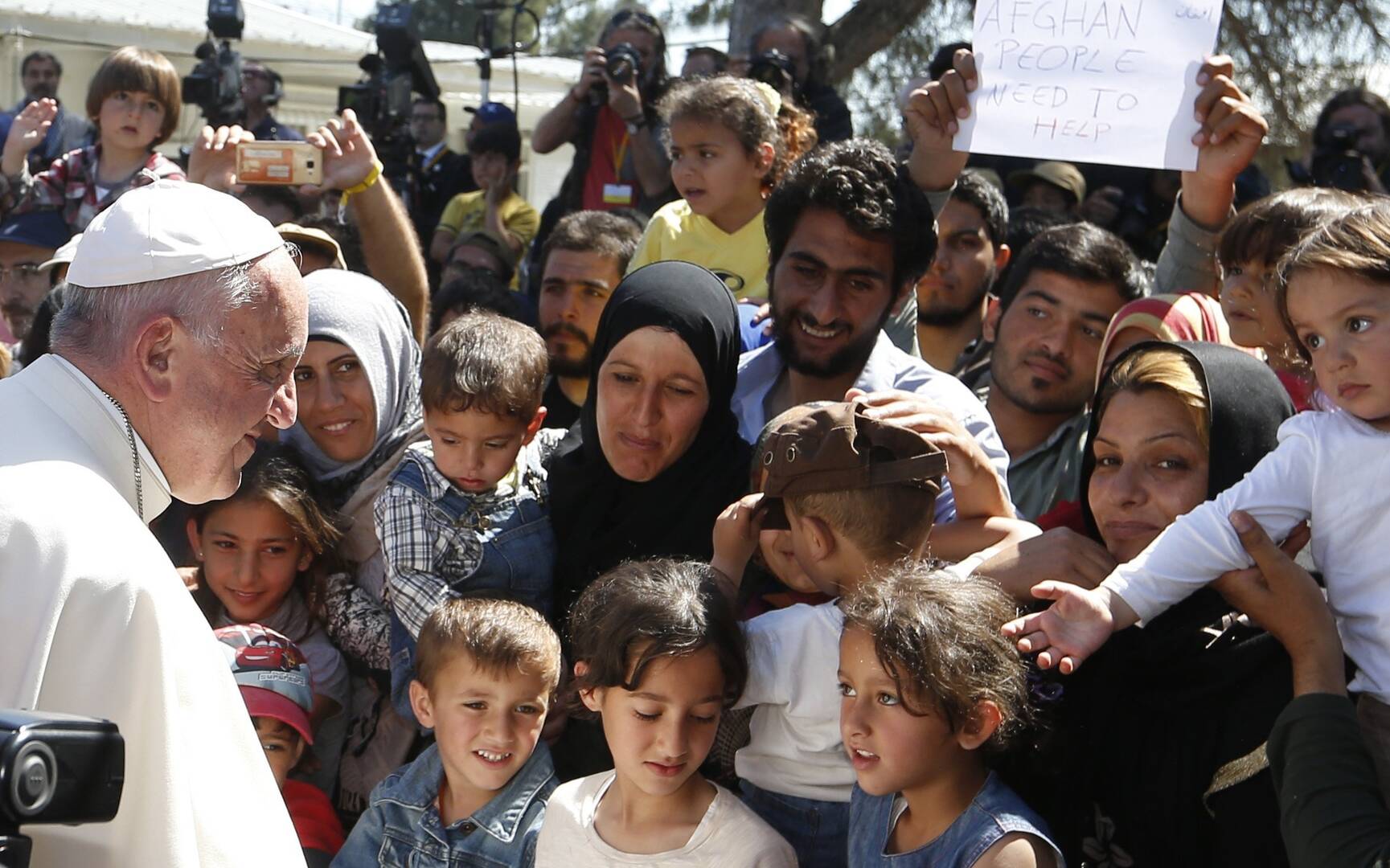 Pope Francis meets refugees at the Moria refugee camp on the island of Lesbos, Greece, on April 16, 2016. (CNS photo/Paul Haring)